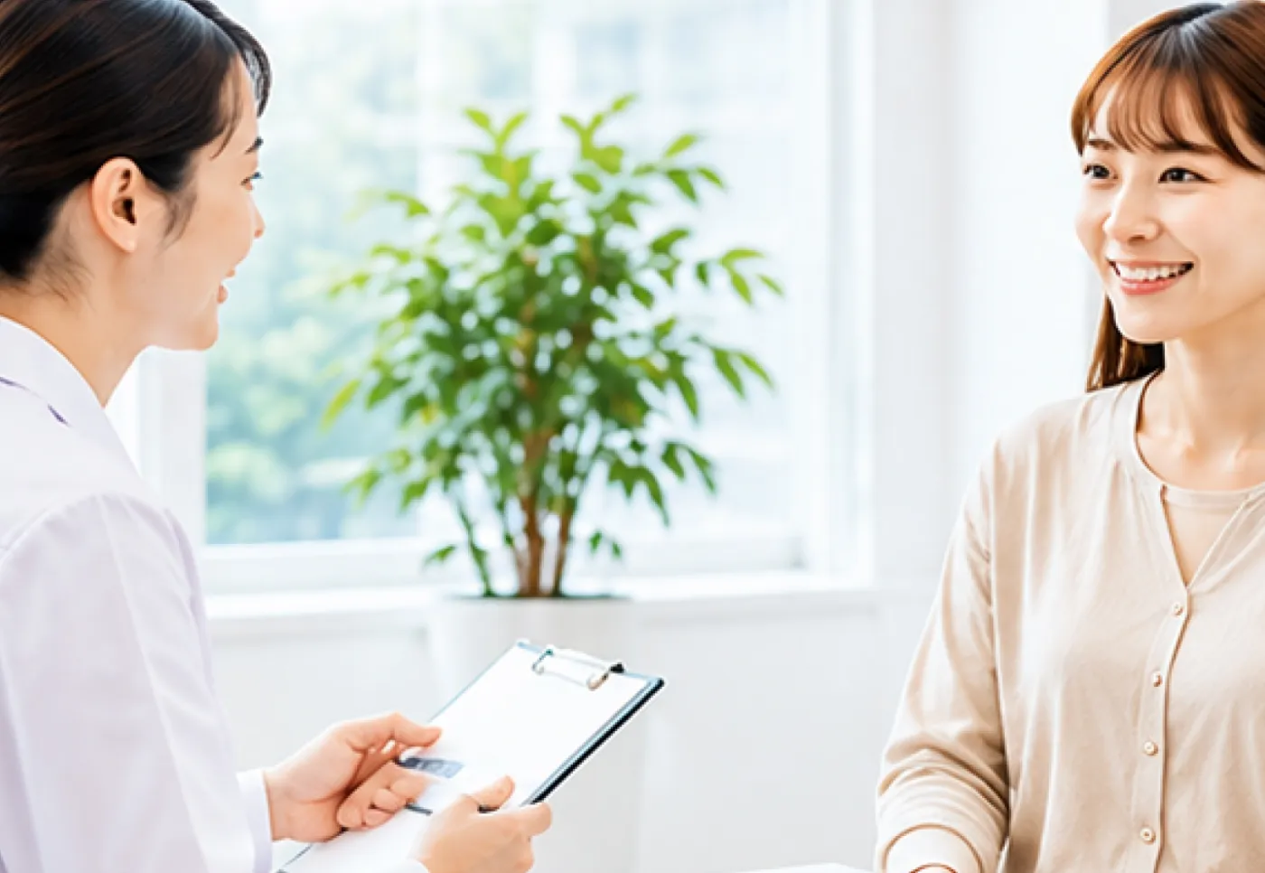 女性に配慮した検査を案内する様子