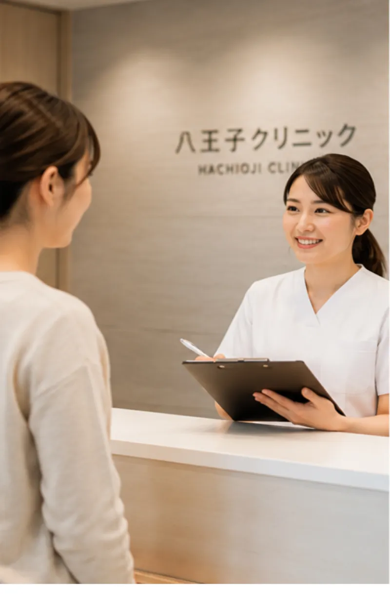 受付スタッフが来院者を案内する様子